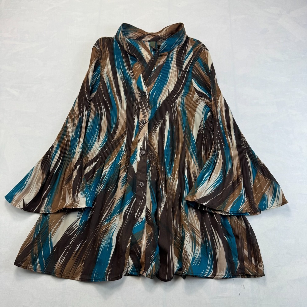 Serenade Blouse Womens 1X Multi Abstract Print Pleated Long Sleeve Button Front